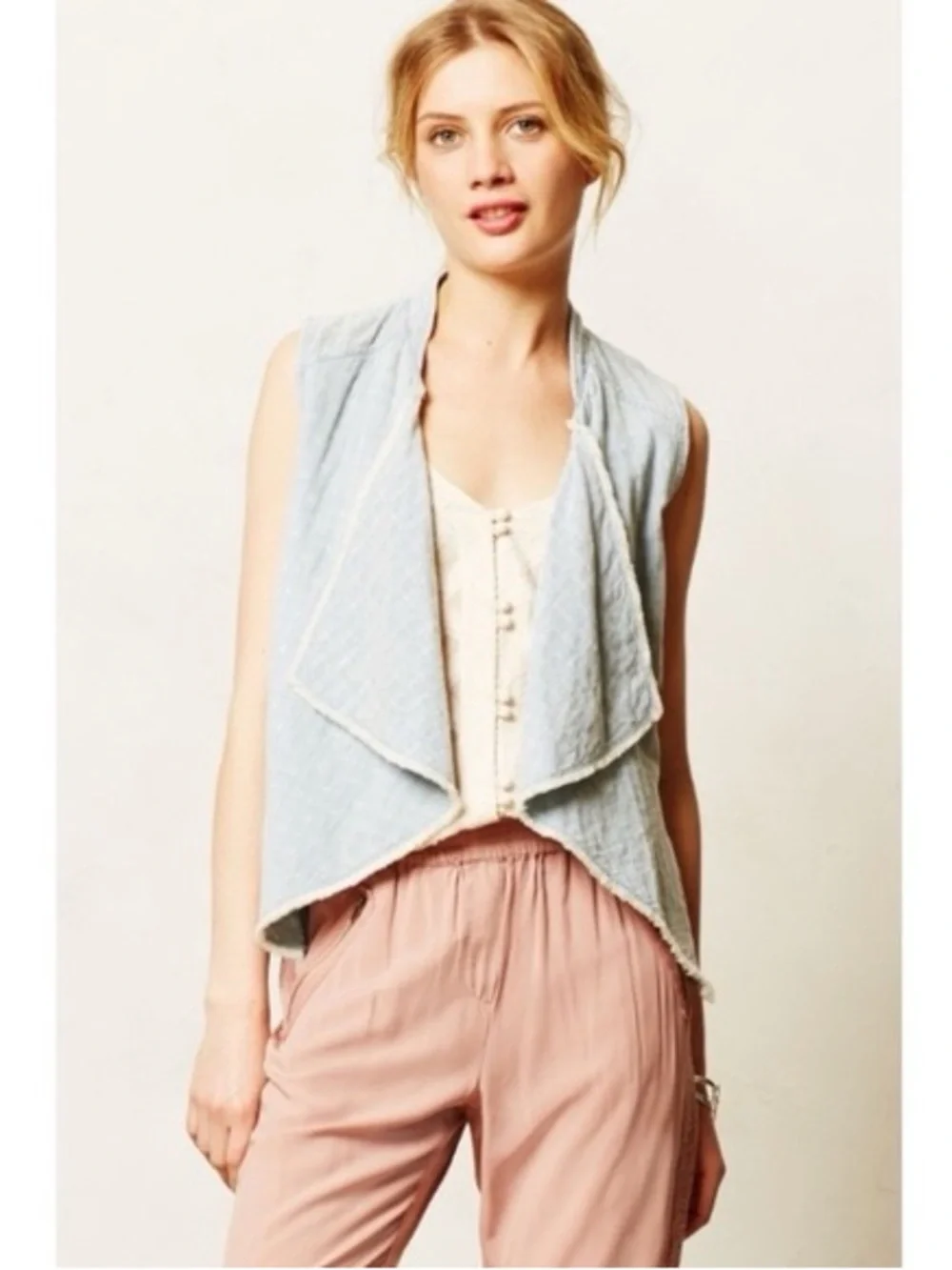 Hei Hei Anthro Light Blue Draped Denim Chambray Festival Cotton Vest Medium